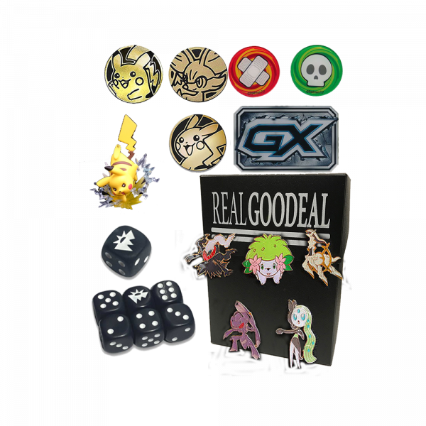 Pokemon Accessories Bundle 5 PINS 3 COINS 1 FIGURE 1 GX COUNTER 1 SET OF DICE