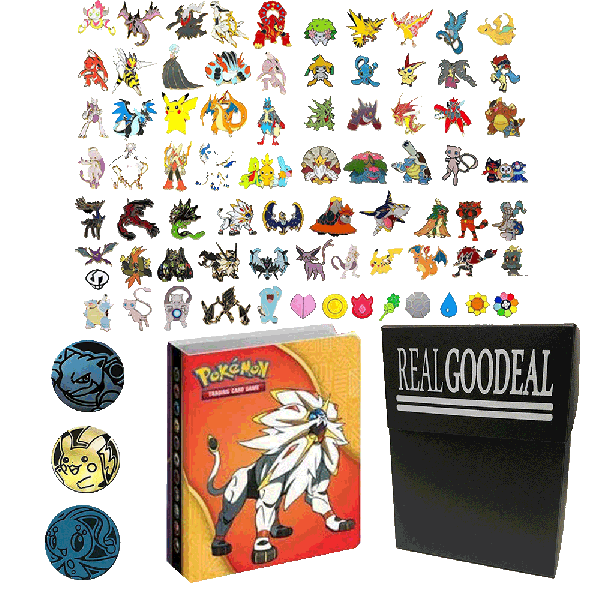 Pokemon 10 Collector's Pins with REALGOODEAL Deck Box BONUS MINI BINDER BUNDLE PLUS 3 COINS RANDOM LOT
